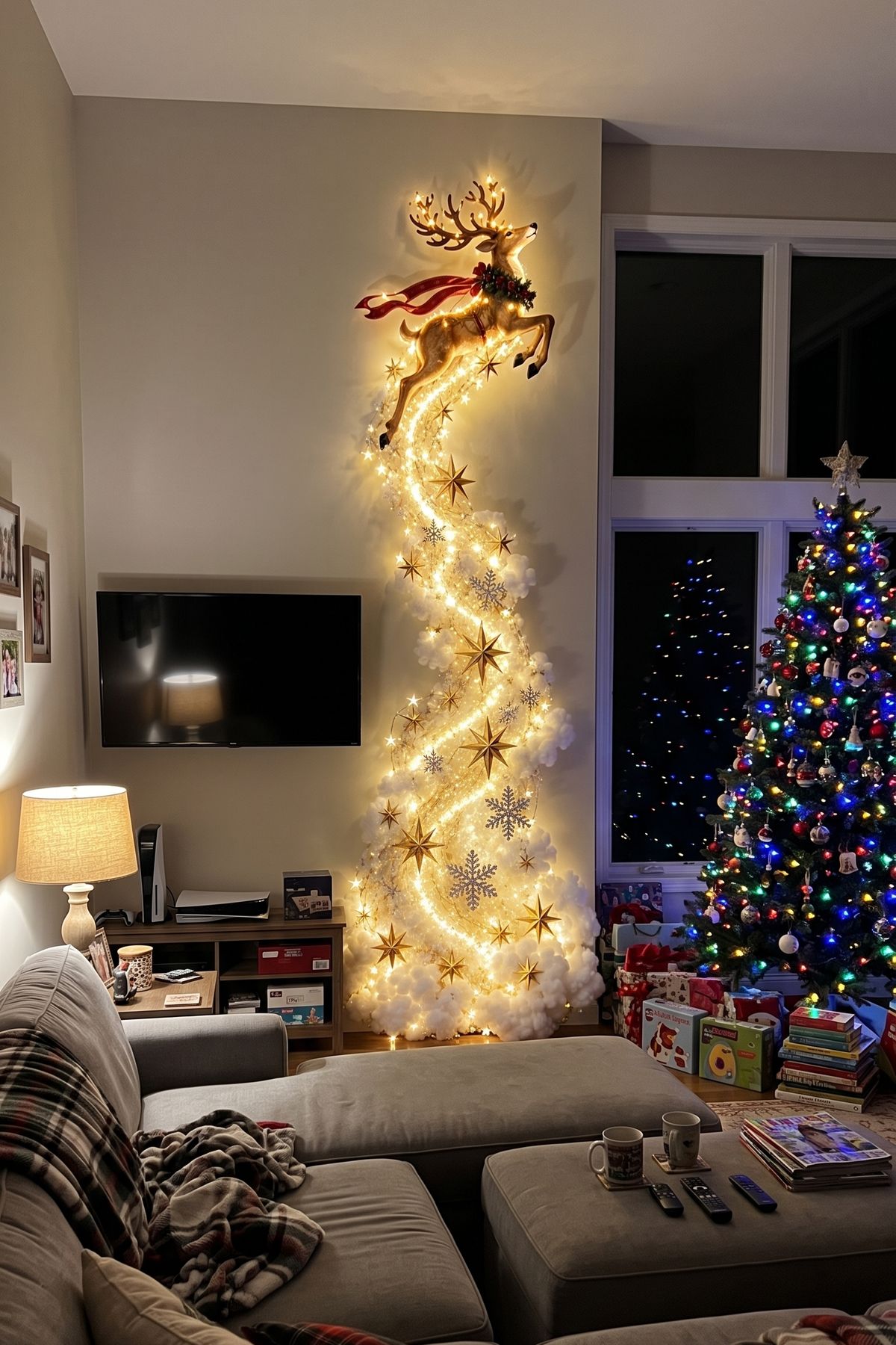 The Flying Reindeer trail glowing during a family movie night