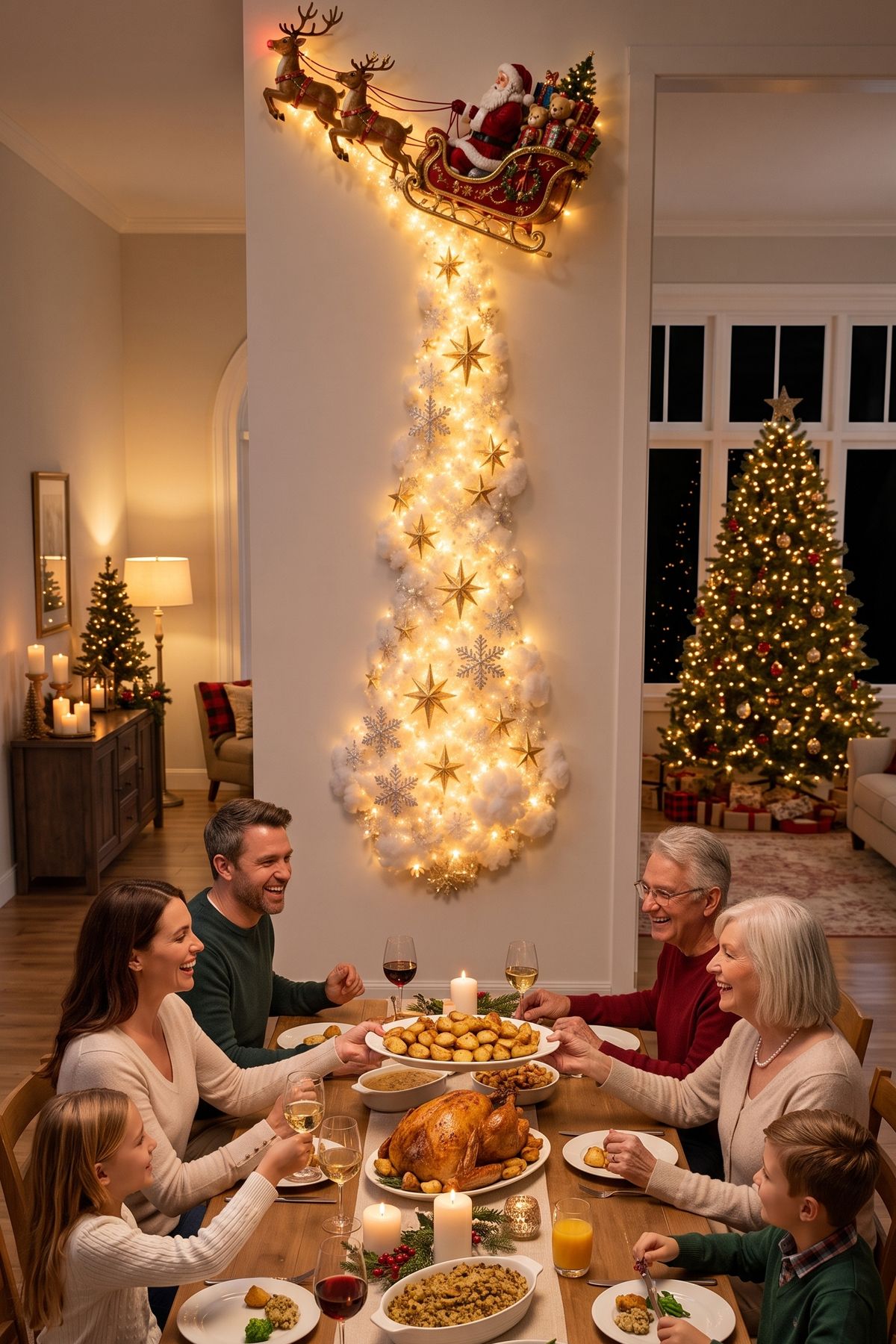 Santa's Sleigh trail glowing above a family Christmas dinner