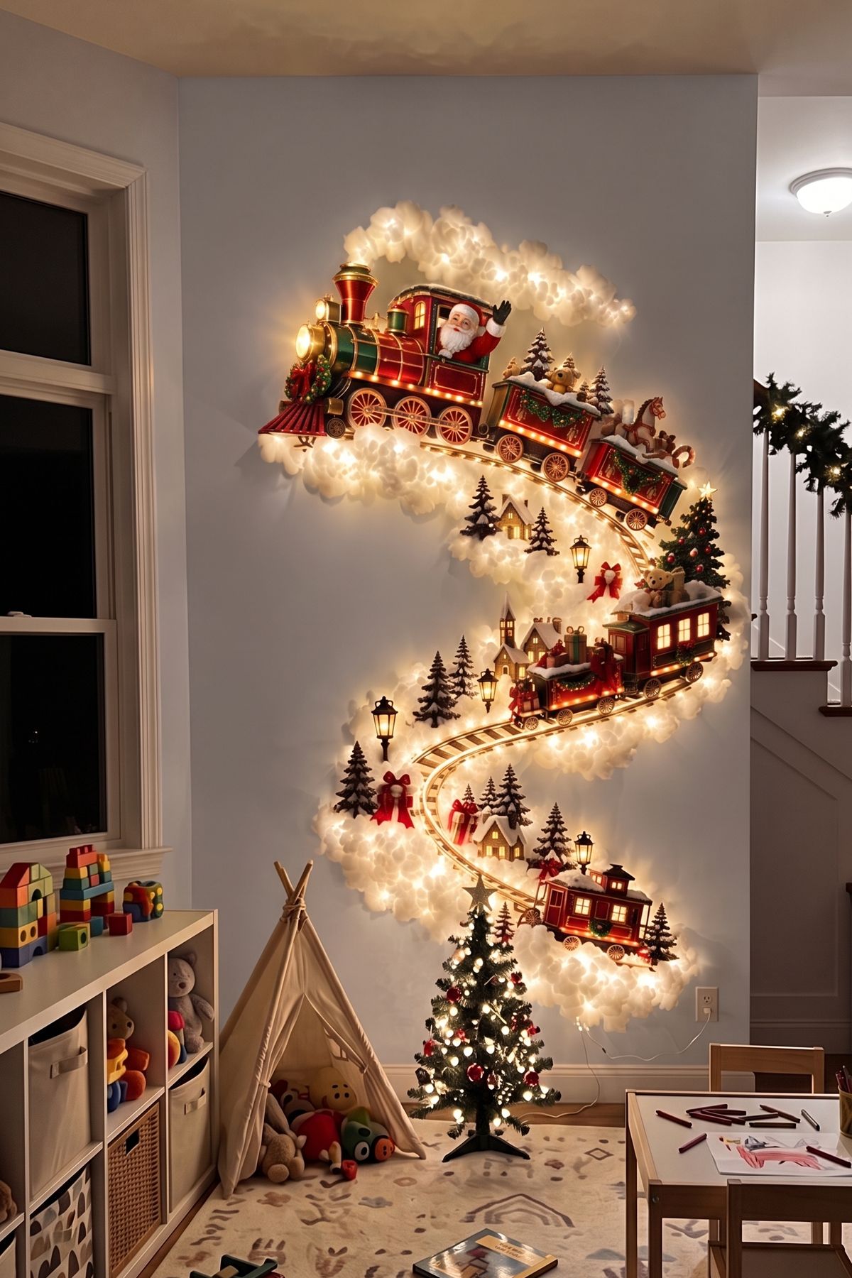 The Christmas Train trail glowing in a playroom